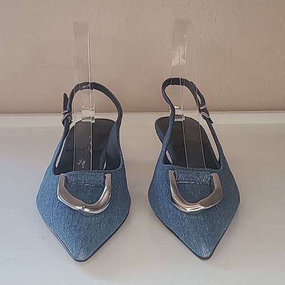 Charles & Keith Gabine Slingback Blue Denim Kitten Heel Silver Decor EU 36 - Picture 5 of 16
